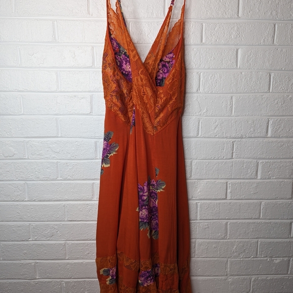 Free People Table For 2 Orange Floral Lace Low Back Trapeze Dress - Picture 6 of 7